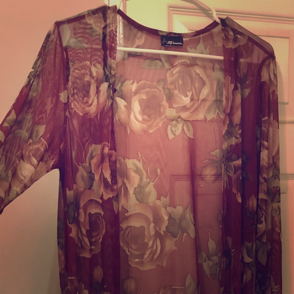 Sheer Long Maroon Duster with Roses